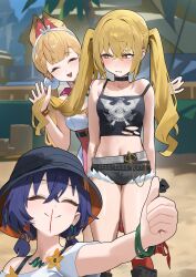 3girls alice_thymefield alice_thymefield_(sea_of_thyme) alternate_hairstyle angry animal_ears bangle behind_another belle_(summer_skies)_(zenless_zone_zero) belle_(zenless_zone_zero) belt black_belt black_choker black_hat black_shorts bleeding blonde_hair blood blood_on_face blue_hair blunt_bangs blush boots bra_strap bracelet braid breasts bright_pupils bucket_hat center-flap_bangs choker cleavage clenched_hand closed_eyes collarbone cowboy_shot crop_top crossed_bangs cutoffs dot_nose ear-to-ear earrings flower furrowed_brow gloves hair_between_eyes hair_lift hair_ornament hairband hairclip half_gloves hand_in_another&#039;s_hair hand_up hands_up happy hat highres holding_another&#039;s_hair hood_(james_x) jewelry knee_boots kneehighs leaning_to_the_side long_hair looking_to_the_side low_twintails luciana_de_montefio micro_shorts midriff mismatched_earrings multiple_girls navel nosebleed off-shoulder_shirt off_shoulder official_alternate_costume open_mouth outdoors outstretched_arm palm_tree parted_lips petite print_tank_top rabbit_ears rabbit_girl raised_eyebrows red_socks sand shirt shirt_flower short_hair short_twintails shorts sideways_glance small_breasts smile socks sphere_hair_ornament split_mouth square_neckline standing t-shirt tank_top tearing_up tears teeth thigh_gap thumbs_up torn_clothes torn_tank_top tree twintails unworn_belt upper_teeth_only white_choker white_pupils white_shirt yellow_flower zenless_zone_zero