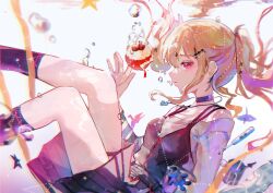 1girl \||/ absurdres apple aries_(constellation) bare_legs bare_shoulders black_camisole black_skirt black_socks blonde_hair blouse breasts bubble camisole camisole_over_clothes choker chromatic_aberration commentary_request constellation cup feet_out_of_frame floating_hair food from_side fruit hair_ornament halftone hand_up highres jewelry kikinoki long_sidelocks looking_at_viewer mug multicolored_hair no_seek_no_find_(project_sekai) off-shoulder_shirt off_shoulder origami paper_crane pendant pink_eyes pink_hair pink_shirt pleated_skirt profile project_sekai shirt sidelocks sideways_glance skirt small_breasts socks solo star_(symbol) star_hair_ornament stuffed_toy tenma_saki thermometer thigh_strap thighs twintails two-tone_hair white_background