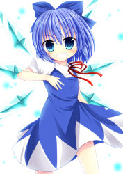 1girl absurdres asazuki_kanai blue_eyes blue_hair blush bow cirno dress female_focus grin hair_bow highres kanai_amachi matching_hair/eyes short_hair smile solo touhou wings