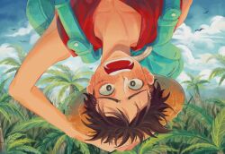 1boy artist_name bag bird black_hair blue_sky cloud commentary hand_on_own_hat hat male_focus monkey_d._luffy one_piece open_mouth outdoors red_shirt shirt shoulder_bag sky sleeveless smolkeii solo straw_hat upside-down