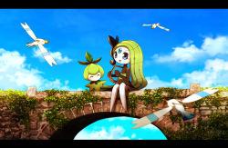 bird blue_eyes blush bridge cloud creatures_(company) day game_freak gen_3_pokemon gen_5_pokemon green_hair hair_ornament harp instrument jewelry legendary_pokemon letterboxed meloetta meloetta_(aria) music mythical_pokemon nintendo no_feet petilil pokemon pokemon_(creature) ribero scenery sitting sky wingull