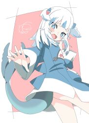 1girl absurdres ass blue_eyes blue_hair blue_hoodie blunt_bangs blush commentary ebi-chan_(gawr_gura) english_commentary fins fish_tail gawr_gura gawr_gura_(1st_costume) grey_hair hair_ornament highres hololive hololive_english hood hoodie long_hair long_sleeves looking_at_viewer multicolored_hair open_mouth shark_girl shark_hair_ornament shark_tail solo soriumumik88413 streaked_hair tail two_side_up virtual_youtuber