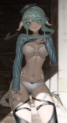 Rule 34 | 1girl, absurdres, au ra, black hat, blue eyes, blue hair, blue shirt, blurry, blurry background, blush, breasts, center opening, character request, clothes lift, final fantasy, final fantasy xiv, hand on own thigh, hat, highres, horns, hyuu (sing-dog), linea alba, looking at viewer, navel, pink lips, ringed eyes, shirt, shirt lift, sidelocks, smile, solo