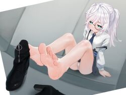 1girl absurdres artist_request barefoot black_boots black_skirt blue_eyes blue_necktie boots collared_shirt commentary_request commission feet foot_focus full_body grey_hair highres korean_commentary legs long_hair long_sleeves monochrome necktie open_mouth original panties second-party_source shirt sitting skirt soles solo suspender_skirt suspenders sweat toes underwear white_panties white_shirt