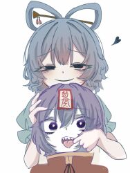 2girls black_eyes black_ribbon blue_dress blue_hair bright_pupils closed_mouth colored_skin commentary_request dress empty_eyes grey_skin hair_ornament hair_rings hair_stick hand_in_another&#039;s_mouth hand_on_another&#039;s_head heart jiangshi kaku_seiga looking_at_viewer miyako_yoshika mouth_pull multiple_girls neck_ribbon no_headwear ofuda open_mouth purple_eyes purple_hair ribbon sharp_teeth short_hair simple_background smile smug takodati_san teeth tongue tongue_out touhou upper_body white_background white_pupils