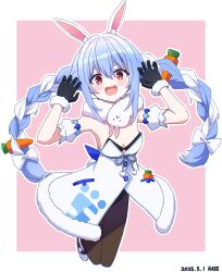 1girl absurdres animal_ears black_gloves black_leotard black_pantyhose blue_hair braid breasts carrot_hair_ornament cleavage dress food-themed_hair_ornament fur-trimmed_dress fur-trimmed_gloves fur_trim gloves hair_ornament highres hololive kaie leotard leotard_under_clothes looking_at_viewer multicolored_hair open_mouth orange_eyes pantyhose rabbit_ears rabbit_girl rabbit_tail small_breasts smile solo strapless strapless_leotard tail twin_braids two-tone_hair usada_pekora usada_pekora_(1st_costume) virtual_youtuber white_dress white_hair