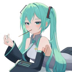 1girl absurdres aqua_eyes aqua_hair aqua_nails aqua_necktie bare_shoulders black_skirt black_sleeves breasts collared_shirt detached_sleeves floating_headgear food food_in_mouth funakinuta grey_shirt hatsune_miku headgear highres long_hair long_sleeves looking_at_viewer nail_polish necktie number_tattoo pleated_skirt pocky pocky_in_mouth shirt shoulder_tattoo simple_background skirt sleeveless sleeveless_shirt solo tattoo twintails vocaloid white_background wide_sleeves