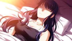 1girl bare_shoulders bed black_shirt blue_hair breasts closed_eyes closed_mouth collarbone dutch_angle game_cg grisaia_(series) grisaia_no_meikyuu hair_down head_on_pillow kusakabe_asako large_breasts long_hair lying non-web_source on_back on_bed pillow shirt sleeping sleeveless sleeveless_shirt solo spoilers under_covers upper_body watanabe_akio
