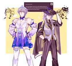Rule 34 | ..., 1boy, 1girl, absurdres, alternate costume, animalization, arm belt, arm up, armpits, bare shoulders, caelus (honkai: star rail), closed mouth, collar, collared shirt, cosplay, detached sleeves, dress, fedora, formal clothes, garter straps, gloves, gradient sleeves, grey hair, hair between eyes, hair over shoulder, hand in pocket, hand on headwear, hands on own hips, hat, highres, honkai: star rail, honkai (series), jacket, jacket on shoulders, legs apart, light frown, long hair, looking at viewer, march 7th (honkai: star rail), march 7th (honkai: star rail) (cosplay), march 7th (nascent spring) (honkai: star rail), multiple views, necktie, one eye closed, pants, purple sleeves, raccoon, raised eyebrow, shirt, short dress, short hair, single garter strap, sleeves past wrists, smile, soursoppi, spoken ellipsis, standing, stelle (honkai: star rail), suit, thighhighs, tiara, toned, toned male, trailblazer (honkai: star rail), vest, wing collar, yellow eyes, zettai ryouiki