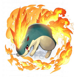 commentary_request creatures_(company) fire full_body game_freak gen_2_pokemon looking_to_the_side nintendo no_humans open_mouth pokemon pokemon_(creature) pokemon_focus quilava red_eyes solo tongue watermark yamanashi_taiki