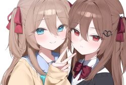 Rule 34 | 2girls, absurdres, aqua bow, aqua bowtie, black cardigan, blue eyes, blue sailor collar, blush, bow, bowtie, broken heart, broken heart hair ornament, brown hair, cardigan, closed mouth, commentary, commission, dress shirt, english commentary, evil neuro-sama, from side, hair between eyes, hair ornament, hair ribbon, heart, highres, long hair, long sleeves, looking at viewer, multiple girls, n4 h4m, neuro-sama, off-shoulder cardigan, red bow, red bowtie, red eyes, red ribbon, ribbon, sailor collar, second-party source, shirt, siblings, sisters, skull hair ornament, smile, twins, two side up, upper body, v, vedal ai, virtual youtuber, white shirt, yellow cardigan
