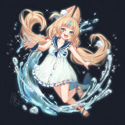 Rule 34 | 1girl, ahoge, animal ear fluff, animal ears, blonde hair, blue bow, blue eyes, blue hair, blue nails, bow, brown sandals, cat ears, dress, fins, fish girl, fish tail, hair bow, indie virtual youtuber, long hair, low twintails, multicolored hair, nail polish, one side up, open mouth, sameko saba, sandals, sleeveless, sleeveless dress, smile, solo, streaked hair, tail, toenail polish, toenails, twintails, very long hair, virtual youtuber, waytooemily, white deess, white dress