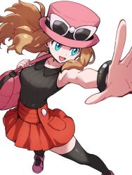 1girl ai-generated black_thighhighs blonde_hair blue_eyes eyelashes eyewear_on_headwear hat highres long_hair mega_ring nintendo pink_bag pokemon pokemon_xy red_hat red_skirt rewin_(nobabys_perfect) serena_(pokemon) shirt skirt sleeveless sleeveless_shirt sunglasses thighhighs white-framed_eyewear
