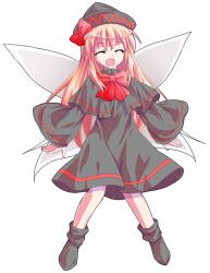 1girl a-pose alphes_(style) black_capelet black_dress black_hat black_socks blonde_hair bobby_socks bow bowtie capelet closed_eyes commentary_request dairi dress fairy fairy_wings full_body hair_between_eyes hat hat_bow large_variant_set legs_apart lily_black lily_white long_hair long_sleeves no_shoes open_mouth parody red_bow red_bowtie socks solo style_parody tachi-e touhou transparent_background variant_set wide_sleeves wings