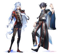 Rule 34 | 2boys, aiguillette, arm at side, bead bracelet, beads, belt, black belt, black boots, black bow, black hair, black pants, blue capelet, blue eyes, blue hair, boots, bow, bracelet, capelet, closed mouth, cosplay, curtained hair, elbow gloves, ensemble stars!, gaiters, genshin impact, gloves, grey hair, grey kimono, grin, hair between eyes, hair bow, hair flaps, hand on own chest, hand up, highres, jacket, japanese clothes, jewelry, kimono, knee boots, long hair, long sleeves, looking at viewer, low-tied long hair, male focus, multicolored hair, multiple boys, neck tassel, neuvillette (genshin impact), pants, profile, purple eyes, raiseafuture, ran nagisa, ran nagisa (cosplay), red capelet, red jacket, ring, sazanami jun, sazanami jun (cosplay), scar, scar on arm, scar on neck, shirt, short hair, side part, sideways glance, simple background, smile, splatter print, standing, standing on one leg, streaked hair, tassel, thigh strap, thighhigh gaiters, thighhighs, three-quarter sleeves, two-sided capelet, wallet chain, white background, white capelet, white gloves, white hair, white shirt, wriothesley (genshin impact)