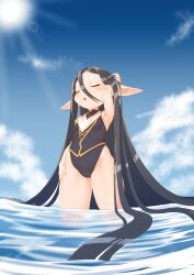 Rule 34 | 1girl, absurdly long hair, black hair, blue sky, breasts, casual one-piece swimsuit, closed eyes, facial mark, forehead mark, granblue fantasy, harvin, highres, long hair, ocean, one-piece swimsuit, open mouth, pointy ears, rei (granblue fantasy), sky, small breasts, solo, sun, sunlight, swimsuit, variant set, very long hair, wading, water, yggsil