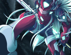 1boy android armor capcom cloud energy_blade flower gloves helmet long_hair male_focus mega_man_(series) mega_man_zero_(series) purple_eyes rain sheath signature silver_hair solo standing very_long_hair wavechan zero(z)_(mega_man) zero_(mega_man)