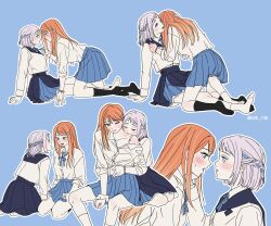 2girls absurdres black_overskirt black_shoes black_socks blue_ribbon blue_skirt bra bra_strap braid commentary_request dok_yak eye_contact gakuen_idolmaster grey_hair hair_ribbon half_up_braid hatsuboshi_gakuen_school_uniform hickey highres hug hug_from_behind idolmaster imminent_kiss invisible_chair jacket katsuragi_lilja kneehighs korean_commentary loafers long_hair looking_at_another multiple_girls multiple_views neck_ribbon orange_hair outline pleated_skirt ribbon ribbon_braid school_uniform second-party_source shirt shiun_sumika shoes short_hair simple_background sitting skirt socks straight_hair twitter_username underwear very_long_hair white_bra white_jacket white_outline white_shirt white_socks yuri