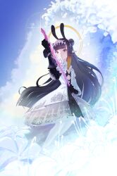 1girl absurdres closed_mouth diamond_hairband double_bun dress dress_flower floomf flower gauntlets grey_hairband hair_bun hairband halo highres hololive hololive_english long_hair ninomae_ina&#039;nis ninomae_ina&#039;nis_(ina_the_hero) official_alternate_costume official_alternate_hairstyle open_clothes open_dress orange_hair pointy_ears purple_hair single_gauntlet smile solo tentacle_hair virtual_youtuber white_dress white_flower yellow_halo