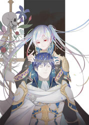 1boy 1girl black_gloves blue_hair chrom_(fire_emblem) closed_mouth crown dark_persona fingerless_gloves fire_emblem fire_emblem_awakening flower gloves gradient_hair grima_(fire_emblem) hair_between_eyes highres long_hair multicolored_hair nintendo possessed raphim-thille red_eyes red_flower red_rose robin_(female)_(fire_emblem) robin_(fire_emblem) rose short_hair skeleton smile twintails white_hair