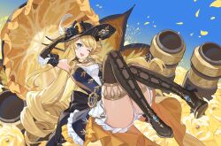 1girl absurdres arm_up armpits black_boots black_bow black_dress black_flower black_gloves black_hat blonde_hair blue_eyes boots bow detached_sleeves dress drill_hair falling_petals flower genshin_impact gloves gold_thighlet hat hat_flower highres holding holding_umbrella long_hair long_sleeves looking_at_viewer navia_(genshin_impact) one_eye_closed open_mouth petals smile solo teeth thigh_boots umbrella upper_teeth_only yellow_flower yu-ri_(arium047)