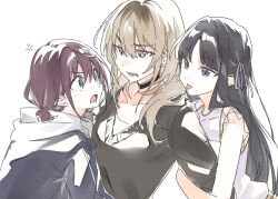 3girls ap_bar awa_subaru black_choker black_sweater blue_eyes blue_jacket brown_hair choker earrings girls_band_cry grey_eyes grey_hair hair_intakes hair_ribbon iseri_nina jacket jewelry kawaragi_momoka long_hair low_twintails multicolored_hair multiple_girls open_mouth parted_lips purple_eyes purple_ribbon ribbon roots_(hair) shirt short_hair short_twintails simple_background sleeveless sleeveless_shirt sweater tongue tongue_out twintails white_background white_shirt yuri