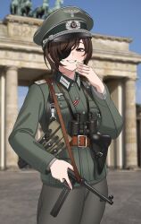 absurdres ammunition_pouch binoculars brown_eyes brown_hair eyepatch germany gun gun_sling hat highres holding holding_weapon holster keiita military military_uniform mp40 peaked_cap pouch smile submachine_gun ursula_(keiita) weapon wehrmacht world_war_ii