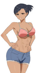 Rule 34 | 1girl, absurdres, bare shoulders, bikini, black hair, blue shorts, blush, breasts, brown eyes, cleavage, cosplay, dark-skinned female, dark skin, denim, denim shorts, hair ornament, hairclip, highres, medium breasts, n7grey, navel, nishiwaki yuuko, persona, persona 3, pink bikini, short hair, shorts, smile, stomach, swimsuit, takeba yukari, takeba yukari (cosplay)