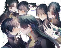 ! 2boys bandaged_hand bandages black_gloves black_hair blade_(honkai:_star_rail) blush commentary_request curtained_hair dan_heng_(honkai:_star_rail) earrings flying_sweatdrops gloves gradient_hair green_eyes hair_between_eyes hair_over_eyes hand_on_another&#039;s_chest hand_on_another&#039;s_chin heart highres honkai:_star_rail honkai_(series) jasminetee jewelry licking_lips long_hair looking_at_another looking_to_the_side male_focus multicolored_hair multiple_boys multiple_views nervous_sweating parted_lips short_hair smile spoken_exclamation_mark sweat tassel tassel_earrings teeth tongue tongue_out white_background wide-eyed yaoi zipper