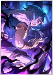 Rule 34 | 1boy, anaxa (honkai: star rail), ancient greek clothes, bleeding, blood, bracer, clenched teeth, covering one eye, eye injury, from below, gold blood, gold bracer, greco-roman clothes, highres, honkai: star rail, honkai (series), indoors, male focus, official art, planted, planted sword, planted weapon, solo, sword, tearing paper, teeth, third-party source, weapon