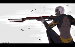 Rule 34 | 1boy, aiming, bare back, cornrows, dark-skinned male, dark skin, emiya alter, fate/grand order, fate (series), glowing scar, gun, kneeling, letterboxed, male focus, namahamu (hmhm 81), on one knee, rifle, scar, sniper rifle, solo, weapon, yellow eyes