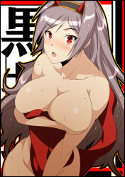 1girl blush breasts cleavage collarbone covering_breasts covering_privates demon_horns fake_horns grey_hair hairband hassaku_(rapidangel) horns kuroi_(oshiro_project) large_breasts long_hair looking_at_viewer naked_towel nude open_mouth oshiro_project:re red_eyes standing surprised towel wet white_background