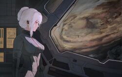 1girl black_bodysuit bodysuit breasts dark earpiece english_text expressionless film_grain from_side gnnim4 hair_bun hand_on_own_hip highres impossible_clothes indoors large_breasts medium_breasts original planet poster_(object) red_eyes science_fiction sidelocks solo spacecraft_interior upper_body white_hair window