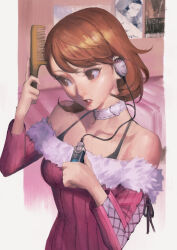 1girl bare_shoulders bedroom breasts brown_eyes brown_hair brushing_hair choker collarbone commentary commission cross-laced_clothes cross-laced_sleeves cross-laced_sweater digital_media_player digital_walkman earphones english_commentary flipped_hair fur-trimmed_sweater fur_trim halterneck heart heart_choker highres holding holding_brush holding_digital_media_player indoors lips long_sleeves off-shoulder_sweater off_shoulder official_alternate_costume parted_lips persona persona_3 phamoz pink_sweater poster_(object) ribbed_sweater short_hair solo strap sweater takeba_yukari three_quarter_view upper_body walkman_nw-s203f white_choker