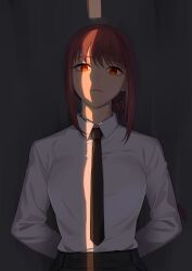 1girl arms_behind_back black_necktie black_pants braid breasts chainsaw_man commentary dark_background expressionless eyelashes formal_clothes highres kamille_(vcx68) long_hair long_sleeves looking_at_viewer makima_(chainsaw_man) medium_breasts necktie pants red_eyes shirt sidelocks solo standing upper_body white_shirt wing_collar