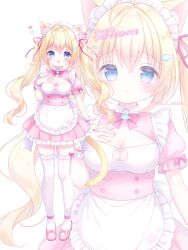 1girl alternate_costume animal_ear_fluff animal_ears apron bell blonde_hair blue_eyes blush bow bowtie breasts cat_ears cat_tail choker cleavage closed_mouth dress enmaided frilled_apron frills full_body hair_between_eyes hair_bow hair_ornament heart high_heels highres jingle_bell large_breasts long_hair looking_at_viewer maid maid_apron maid_headdress mary_janes medium_breasts multiple_views open_mouth original puffy_short_sleeves puffy_sleeves red_bow ribbon shoes short_sleeves simple_background skirt smile solo standing tail thighhighs twintails usami_cocoa very_long_hair waist_apron white_apron white_background wrist_cuffs zettai_ryouiki