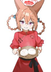 1girl absurdres animal_ears steamed_bun blue_archive blush braid braided_hair_rings brown_hair commentary_request crossed_bangs dress food fox_ears fox_girl hair_between_eyes hair_rings halo highres holding holding_plate looking_at_viewer plate puffy_short_sleeves puffy_sleeves purple_eyes red_dress rumi_(blue_archive) rumi_(small)_(blue_archive) short_sleeves smile solo steam transparent_background upper_body yucblossom