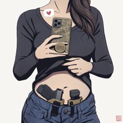 1girl agavoart black_shirt blue_pants breasts brown_hair camouflage cellphone clothes_lift collarbone commentary concealed_weapon cowboy_shot denim fingernails glock grey_background gun hair_over_shoulder handgun head_out_of_frame heart highres holding holding_phone holster holstered jeans large_breasts lifting_own_clothes long_fingernails long_hair long_sleeves magazine_(weapon) navel original pants phone shirt shirt_lift signature simple_background smartphone solo spoken_heart symbol-only_commentary weapon