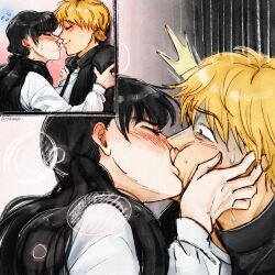 Rule 34 | 1boy, 1girl, black dress, black hair, black jacket, blonde hair, blush, chainsaw man, commentary, couple, denji (chainsaw man), dress, english commentary, fourth east high school uniform, gakuran, hands on another&#039;s cheeks, hands on another&#039;s face, hetero, highres, jacket, kiss, mitaka asa, pinafore dress, school uniform, shirt, short hair, sleeveless, sleeveless dress, snailmao, sweat, white shirt