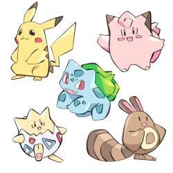 Rule 34 | :3, blue skin, blush stickers, broken egg, brown fur, bulbasaur, clefairy, colored skin, fang, full body, gen 1 pokemon, gen 2 pokemon, nintendo, no humans, open mouth, outstretched arms, pikachu, pink fur, pokemon, pokemon (creature), red eyes, sentret, smile, starrymarii, striped fur, togepi, white background, yellow fur, yellow skin