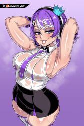 Rule 34 | 1girl, armpits, arms behind head, arms up, artist name, black eyeshadow, black skirt, blannis, breasts, breath, cowboy shot, eyelashes, eyeshadow, female focus, from above, grin, half-closed eyes, headphones, heavy breathing, high-waist skirt, large breasts, lips, looking at viewer, makeup, matching hair/eyes, medium hair, merryweather media, miniskirt, multicolored hair, naughty face, necktie, pencil skirt, purple background, purple eyes, purple hair, purple necktie, purple thighhighs, shirt, simple background, skirt, sleeveless, sleeveless shirt, smile, smug, solo, standing, streaked hair, teeth, thighhighs, twitch, twitch.tv, twitch (merryweather), two-tone hair, two-tone thighhighs, wet, wet clothes, white hair, white shirt, white thighhighs, wide hips