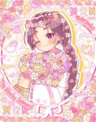1boy alternate_hairstyle black_hair blush bouquet braid braided_ponytail character_name copyright_name flower grid_background head_wreath highres holding holding_bouquet houjou_tokiyuki_(nige_jouzu_no_wakagimi) long_hair long_sleeves male_focus nige_jouzu_no_wakagimi one_eye_closed outline parted_bangs pink_flower polka_dot polka_dot_background pu_0521 purple_eyes ribbon ribbon-trimmed_sleeves ribbon_border ribbon_trim sidelocks_tied_back smile solo upper_body very_long_hair white_background white_flower white_outline wide_sleeves yellow_flower yellow_outline