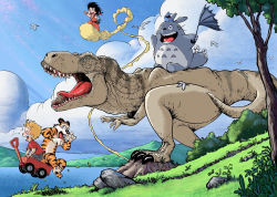 2boys absurdres bird black_hair blonde_hair bush calvin_&amp;_hobbes calvin_(calvin_&amp;_hobbes) cloud commentary crossover day dinosaur dougi dragon_ball dragon_ball_(classic) flying flying_nimbus full_body geebler grass grey_shorts highres hill hobbes_(calvin_&amp;_hobbes) horizon jurassic_park kodama lake mononoke_hime mountain multiple_boys multiple_crossover ruyi_jingu_bang open_mouth outdoors portuguese_commentary procreate_(medium) red_shirt rock running shirt short_hair shorts smile son_goku tiger tonari_no_totoro totoro tyrannosaurus_rex umbrella wagon