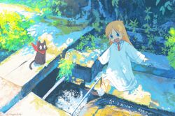 1girl animal black_cat blonde_hair blue_eyes cat child commentary_request day full_body grass highres lab_coat long_hair long_sleeves nichijou open_mouth outdoors professor_shinonome red_scarf sakamoto_(nichijou) scarf slice_of_life smile soaking_feet solo standing sugita_magari summer tree water