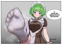 1girl absurdres blue_eyes blush feet foot_up green_hair highres last_origin looking_at_viewer maid medium_hair namukot soles steam thighhighs toes translated vanilla_(last_origin) white_thighhighs