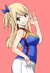Rule 34 | 1girl, bare arms, bare shoulders, blonde hair, blue ribbon, blue shirt, breasts, brown eyes, commentary request, cowboy shot, earrings, fairy tail, from side, grin, hair ribbon, hand on own hip, hand tattoo, hand up, highres, jewelry, large breasts, looking at viewer, lucy heartfilia, mashima hiro, medium breasts, red background, ribbon, shirt, simple background, sleeveless, sleeveless shirt, smile, solo, tattoo, v