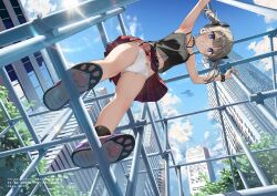1girl armpits arms_up belt bent_over black_belt black_bow black_camisole blue_eyes blue_sky blush bow bow_panties brown_hair building camisole cityscape cloud commentary_request crotch_seam day foreshortening from_below full_body glint grin hair_bow highres kantoku lens_flare looking_at_viewer looking_down medium_hair midriff_peek miniskirt navel original outdoors panties plaid_clothes plaid_skirt pleated_skirt red_skirt shoes skirt sky skyscraper smile solo sun sunlight twintails underwear upshirt upskirt white_panties