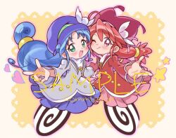 2girls :d ;q ahoge blue_hair blue_hat blue_skirt blush buttons commission curly_hair fine_(futagohime) full_body fushigiboshi_no_futago_hime fushigiboshi_no_futago_hime_gyu gold_buttons green_eyes grey_jacket hair_between_eyes hat hat_ornament heart heart_background jacket lace_background long_hair long_sleeves looking_at_viewer low-tied_long_hair low_twintails multiple_girls one_eye_closed open_hand open_mouth outstretched_arms outstretched_hand pink_skirt pleated_skirt pom_pom_(clothes) pom_pom_hat_ornament reaching reaching_towards_viewer red_eyes red_hair red_hat red_jacket rein_(futagohime) royal_wonder_academy_school_uniform sample_watermark school_uniform siblings sisters skirt smile star_(symbol) star_symbol_background suzuki_(2red_moon3) tongue tongue_out twins twintails v watermark wheel_o_feet white_background wide_sleeves