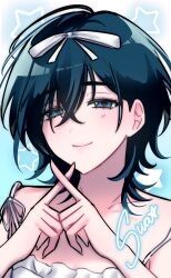 1girl alien_stage black_hair blue_background blue_eyes bow character_name closed_mouth commentary crossed_bangs hair_between_eyes hair_bow half-closed_eyes highres medium_hair mih0 official_alternate_costume portrait sleeveless smile solo spaghetti_strap star_(symbol) sua_(alien_stage) white_bow wolf_cut x_fingers