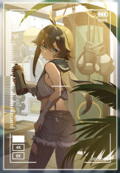 1girl antenna_hair arknights ass bandaged_arm bandages bandaid bandaid_on_cheek bandaid_on_face bare_shoulders battery_indicator black_pantyhose black_shorts boxing_gloves brown_hair closed_mouth commentary cowboy_shot fingernails flint_(arknights) fur-trimmed_shorts fur_trim green_eyes green_scarf gym hair_between_eyes highres holding indoors long_hair nai_bang pantyhose plant recording scarf shorts sleeveless solo standing torn_clothes torn_pantyhose viewfinder